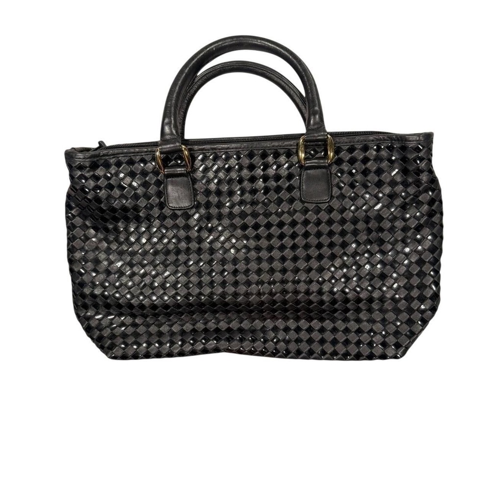 Ganson Woven Leather Tote Bag Large Womens Black Gold Hardware Satchel